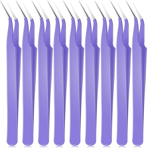 Honoson 9 Pieces Curved Pointed Craft Tweezers Stainless Steel Precision Tweezer with Protective Cover for Rhinestones Dried Flowers Craft Stickers Eyelash Extension Jewelry Making(Purple)