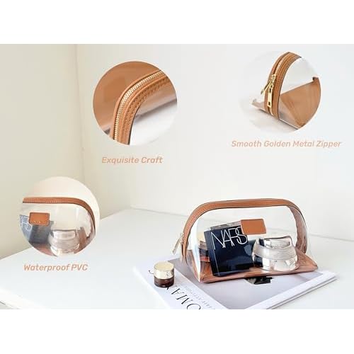 Clear Makeup Bag, Leather Makeup Case, Travel Toiletry Bag, Portable Cosmetic Bag, Transparent Waterproof Cosmetic Organizer Storage Bag (Brown, Large)