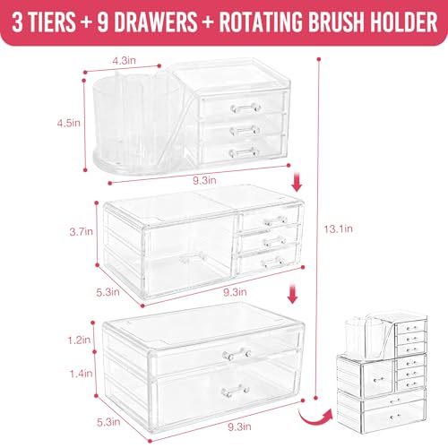 ShineMe Clear Makeup Organizer, 3 Tier Stackable Makeup Storage Organizer with Rotating Brush Holder & 9 Drawers, Acrylic Countertop Makeup Organizer for Vanity Skincare Jewelry and Hair Accessories