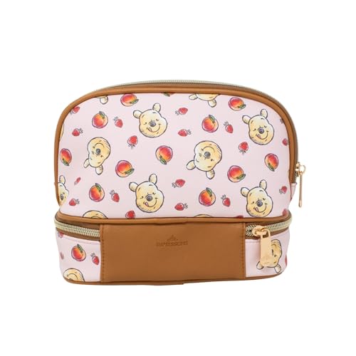 Impressions Vanity Winnie the Pooh Double Layer Makeup Bag with Top and Bottom Zippered Compartments, Winnie the Pooh Artwork Makeup Organizer with Faux Saffiano Leather, Gold Hardware Slip Pocket