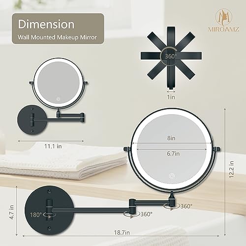 Rechargeable Wall Mounted Lighted Makeup Vanity Mirror 8 Inch Double Sided 1X 10X Magnifying Bathroom Mirror, 3 Color Lighting, Touch Screen Dimming, 360 Rotation Shaving Matte Black