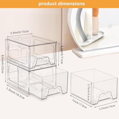 Stackable Makeup Organizer Storage Drawers Set of 4, Clear Plastic Organizer Bins for Beauty Supplies,Ideal for Vanity, Bathroom,Cabinet,Pantry Organization (4 Short)