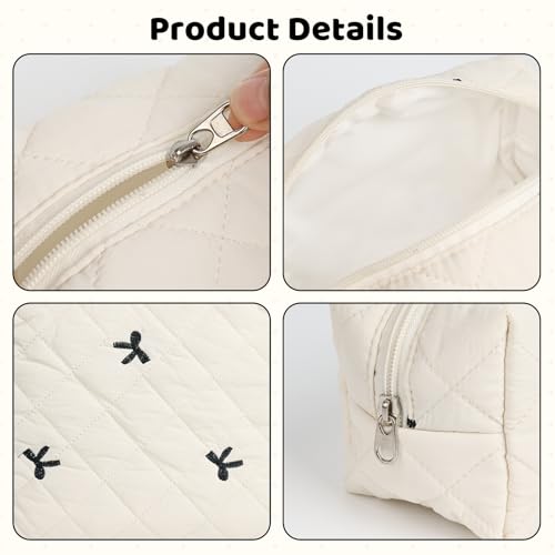 Quilted Makeup Bag Set,3 Pcs Puffy Cosmetic Bags Aesthetic Make Up Bags,Small Zipper Pouch,Travel Toiletry Bag Purse Organizer Pouches for Women (White-Bow)