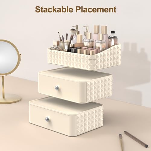 Makeup Organizer for Vanity, Stackable Cosmetics Organizer and Storage, Cosmetic Display Cases with 2 Drawers and 1 Tray for Makeup Brush, Hair Accessories, Lipstick and Jewelry, Beige