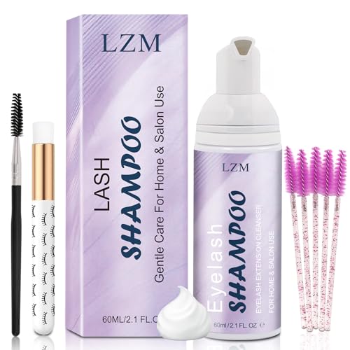 LZM Lash Shampoo Kit for Eyelash Extensions (2.02 fl oz), Lash Cleaner and Lash Wash with Rinsing Bottle, Brush, Reusable & Spoolies, Gentle Eyelash Extension Cleanser for Daily Care