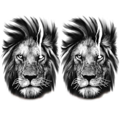 2 Sheets Realistic Animal Large Temporary Tattoos Stickers Sketch Lifelike Lion Head Designs For Men Waterproof Arm Leg Fake Body Art, Gym & Parties Bold Masculine Decals