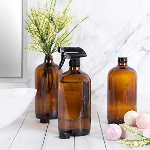 kitchentoolz Large 32oz Amber Glass Gardening Spray Bottles with Funnel - Refillable Trigger Sprayer Container for Plant Misting, Hair Salon, Indoor and Outdoor