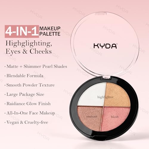 KYDA Eye & Cheek Palette, Eyeshadow and Highlighter Makeup, 4-In-1 Glow Face Palette for Women, Multiuse Blush, Highlighting Eye & Cheek Pallet for Mature Skin