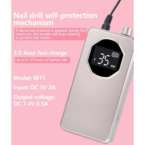 Professional Nail Drill High Torque 35000 RPM Rechargeable Portable Electric Nail File Filer for Acrylic Gel with Cuticle Bits, Salon Manicure Tool, Rose Gold