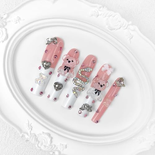 2025 Long Pmma Acrylic Handmade Nail Design Novelty with Rhinestone Bear Love Snake Design Glossy Nail, Reusable Nail Set with Box Gift for Women (White-pink, M)