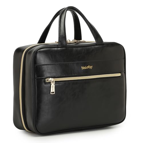 Yeiotsy Hanging Toiletry Bag - Waterproof Vegan Leather Organizer with Wet-Dry Compartments, Foldable Design for Camping, Gym & Business Travel (Black, Large)