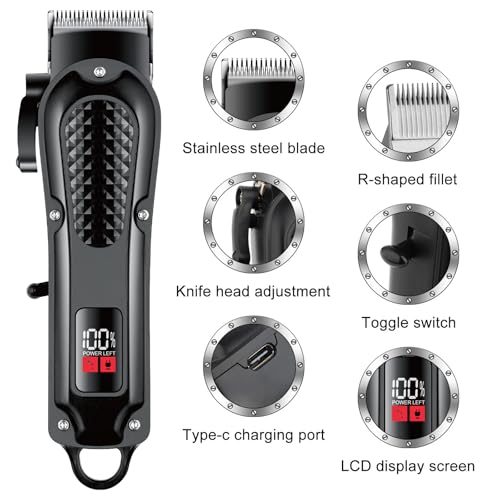 Professional Hair Clipper with LCD Display, 5W Motor, Type-C Charging, Stainless Steel Blade, Low Noise