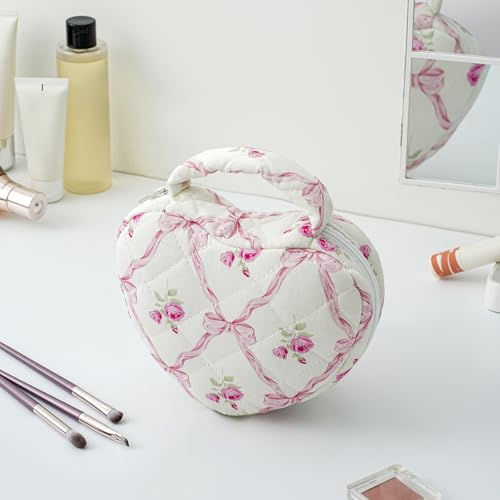 JOVAKIT Quilted Heart Shaped Makeup Bag Cosmetic Bag for Women with Handle, Floral Coquette Cotton Travel Makeup Case Toiletry Zipper Make Up Pouch, Travel Storage Organizer Stuff (Pink Bowknot)