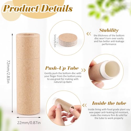 15 Pcs 0.3 oz Paperboard Lip Balm Tubes,Empty Kraft Paper Chapstick Tube Holder,Push-Up Style Biodegradable Solid Lip Gloss Container for DIY Homemade Balm,Natural Packaging Container - Brown