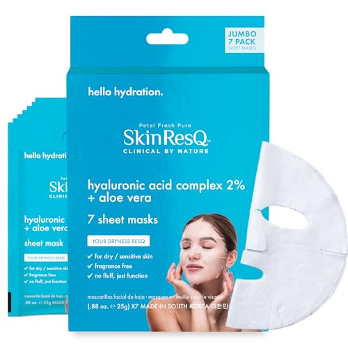 Petal Fresh Skin ResQ Hello Hydration Sheet Mask with Hyaluronic Acid Complex 2% + Aloe Vera, JUMBO 7 Pack, Hydrating Korean Face Mask for Dry & Sensitive Skin, Soothing, Fragrance-Free, Vegan