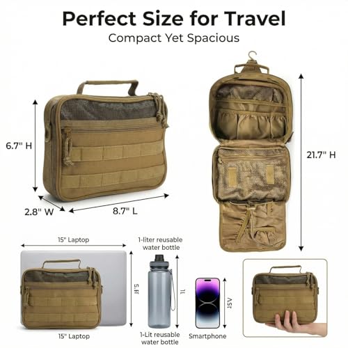 Mens Toiletry Travel Bag, Tactical Toiletry Bag for Men, Bathroom Hanging Toiletry Bag for Men Shaving Hygiene Bag Travel Toiletry Organizer Short Trips Bag, Brown