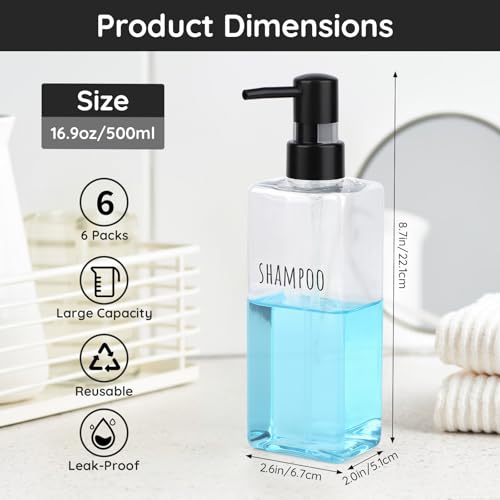 Segbeauty Soap Dispenser Bathroom Set, Pack of 6 Clear Plastic Square Refillable Soap Dispenser, 500ml Empty Shampoo and Conditioner Bottles for Shower, Modern Soap Lotion Dispenser for Bathroom Hotel