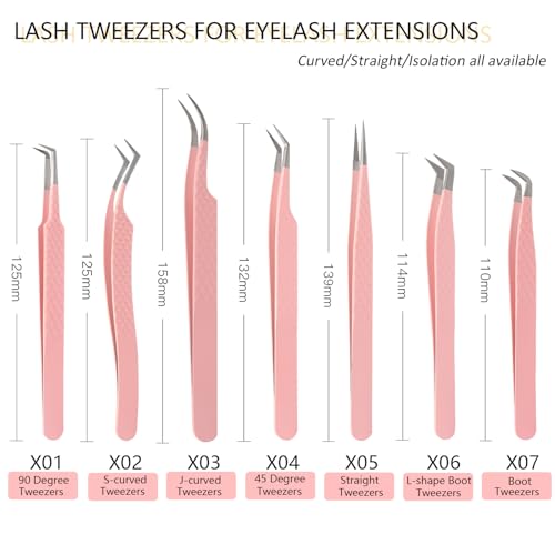 Lash Tweezers For Eyelash Extensions Fiber Tip Lash Tweezers Pink Straight/Curved Tweezer(Pink,X02)