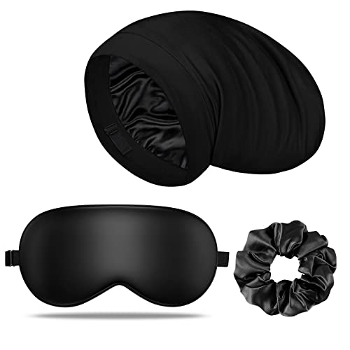LULUSILK Silk Sleep Mask and Silk Sleep Cap Set, BlackLULUSILK Silk Eye Sleep Mask and Silk Hair Bonnet Set Silk Eye Mask and Silk Bonnet Scrunchie Set