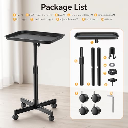 Back-Saving Salon Tray on Wheels, Adjustable Height (25-36inch) Rolling Cart for Hair Stylists, Tattoo Artists, Lash Techs?Spa Clinic Home Salon Trolley (36inch-Black, 12.3¡¿16inch)