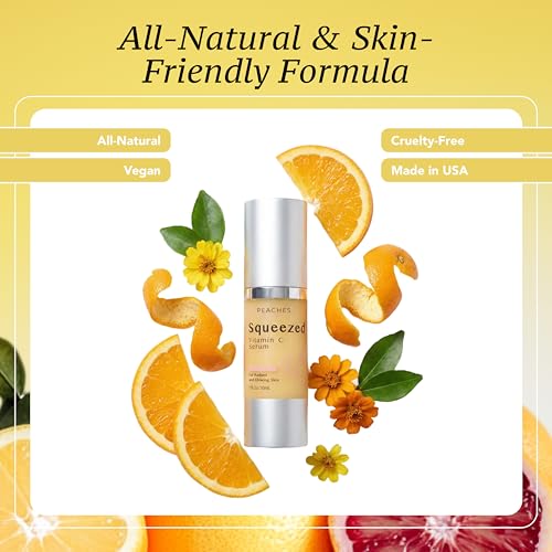 Peaches Skin Care Squeezed Vitamin C Serum with Kakadu Plum, Gold and CoQ10 ? Lightweight Hydrating Formula for Radiant-Looking Complexion ? Vegan Skincare for Women, 1 fl oz