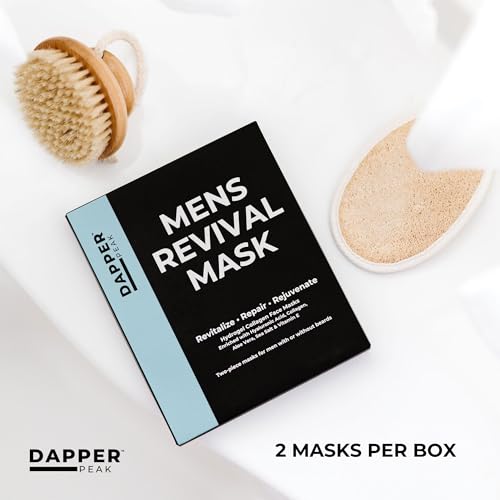 Mens Revival Mask|2pc Hydrating Hydrogel Mens Face Mask with Hydrolyzed Marine Collagen, Vitamin E, Hyaluronic Acid, Aloe|Oversized, Beard-Friendly Sheet Mask for Men| Relaxing Collagen Face Mask