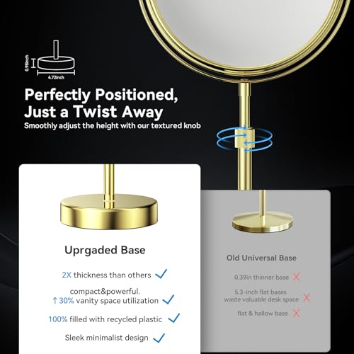 Nicesail Height Adjustable 15~19¡± Tall Table Mirror, 1X 10X Magnifying Mirror Double Sided for Makeup&Shaving, Desk Vanity Mirror Tabletop 360 Rotation of 8¡± Face, Bathroom Shiny Gold Makeup Mirror