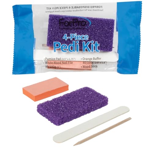 ForPro 4-Piece Pedi Kit, 100-Count, Individually-Packed Pedicure Set, Purple Pumice Pad, White Wood Nail File 80/100 Grit, Orange Mini Buffer 80/100 Grit, Wood Stick