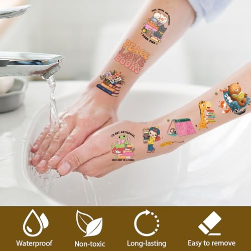 Reading Book Temporary Tattoos - 8 Sheets Tattoo Stickers for Kids, Waterproof Birthday Party Favors Supplies Decorations Sticker for Boys and Girls, Classroom School Prizes Rewards Gifts