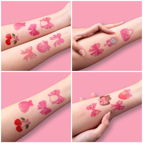 96 PCS Pink Bow Pre-Cut Temporary Tattoos for Kids | Super Cute Pink Bow Themed Birthday Party Favors, Supplies, Decorations, Fake Tattoo Stickers, School Rewards & Gifts for Boys & Girls