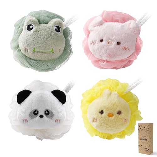4 Pcs Kids Shower Loofah Set - Cute Animal Body Scrubber Sponges, Gentle Exfoliating Pouf for Boys and Girls Bath Time, Soft Bath Sponges for Children (Assorted Animals)