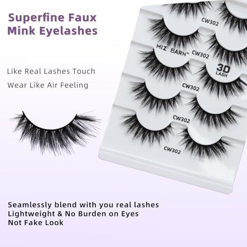 Miz Barn Lashes 3D Cashmere Long Extension Eyelashes Natural Look Soft Reusable False Eyelashes Multipack Wispy Fake Eyelashes 5 Pairs Natural Strip Lashes (CW302)