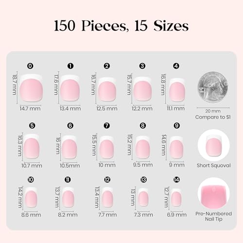 Beetles Pre-French Tips Gel Nail Tips - Pink Short Square Press On Nails,15 Sizes 150 Pcs 4 in 1 Nails Tip
