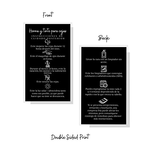 SPANISH Brow Tint & Henna Aftercare Card | Henna y Tinte Para Cejas | 50 Pack | Size 2x3.5¡± inches Business Card | Starter Lift Kit with Tint at home diy supplies | Black with White Design