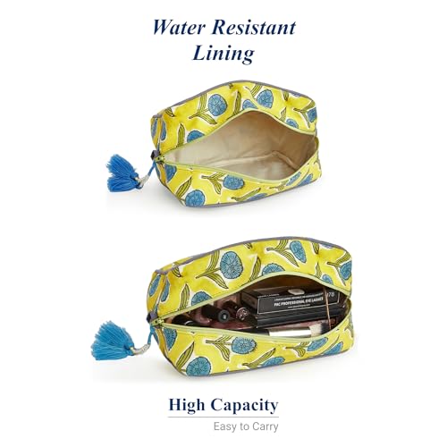 Travel Makeup Bag- Large Capacity Cosmetic Bags for Women - Water Resistance Lining Portable Pouch & Open Toiletry Bag - Perfect Girls Makeup Organizer for Travel Essentials (Blue & Yellow Floral)