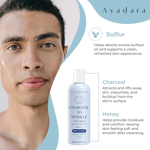 Severe Acne Charcoal Face Wash, 8 oz, Daily Cleanser with Sulfur and Honey, Face Cleanser for Acne, Deep Cleansing Charcoal Face Wash for Women and Men, 425+ Uses