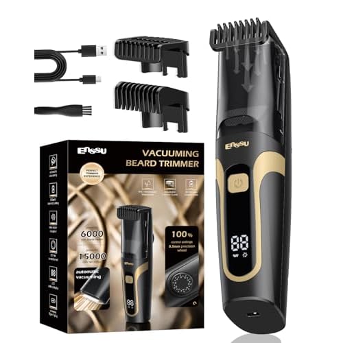Beard Trimmer for Men Auto-Vaccum, Rechargeable Electric Men Beard Trimmers with 2 Combs, 1-20mm Adjustable Length Dial, Waterproof Cordless Mustache Trimmer for Face, Stubble