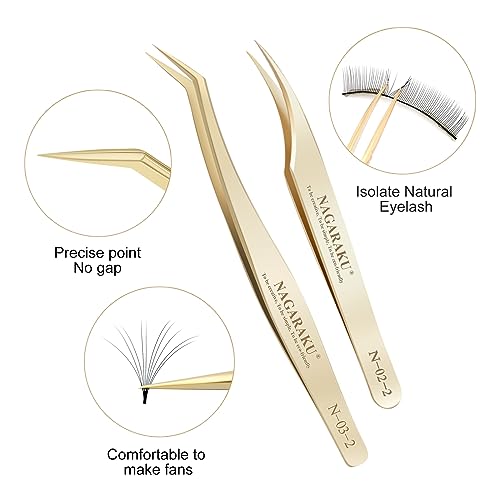 NAGARAKU Eyelash Extension Tweezers Gold Straight Curved Angled Long tip Volume Cluster Light Weight Easy Fanning Tweezer Stainless Steel Precision 1 Pair Lash Applicator Tool (N-02-2 & N-03-2)