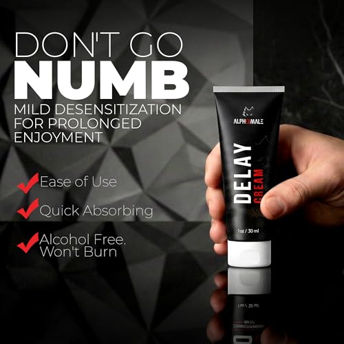 AlphaMale Premium Delay Cream - Last Longer in Bed - Desensitizing Creme with 7.5% Benzocaine - No-Mess Alternative to Delay Spray - To Prolong Intimacy - 1oz