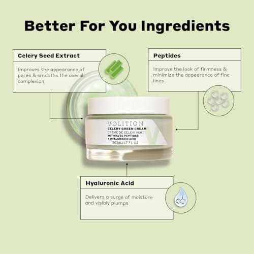 Volition Beauty Celery Green Cream with Peptides + Hyaluronic Acid | Oil-Free Facial Moisturizer for Normal to Combination Skin | Minimizes Pores, Improves Firmness & Reduces Wrinkles (1.7 fl oz)