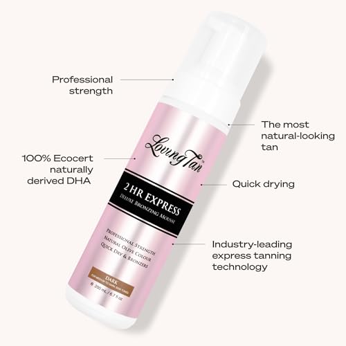 Loving Tan 2 HR Express Self Tanning Mousse, Dark - Streak Free, Natural, Professional Quality - 5+ Sunless Self Tanner Applications per Bottle, Cruelty Free, Naturally Derived DHA - 6.7 FL Oz