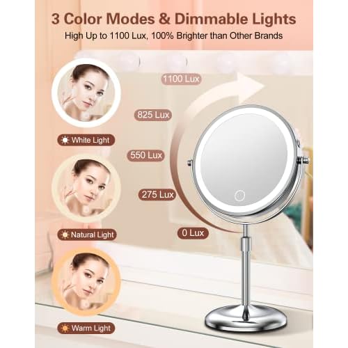 Benbilry Lighted Makeup Mirror with Magnification 10X & 3 Color Lights, Adjustable Brightness & Height, 7 Inch 360¡Æ Swivel Rechargeable LED Magnifying Make Up Vanity Mirror with Lighting (Silver)