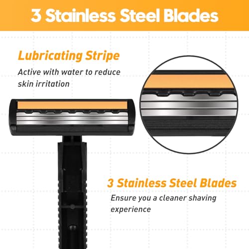 3-Blade Disposable Razors for Men & Women ? 100 Pack Bulk Stainless Steel Shavers with Lubricating Strip & Safety Cap, Non-Slip Handle for Sensitive Skin, Travel, Hotel, Charity (Black)