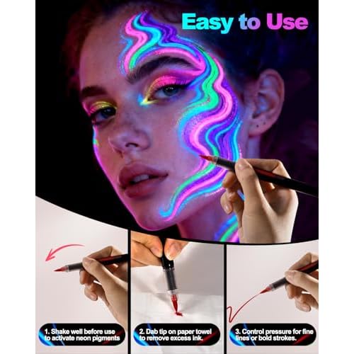 Glow Party Face & Body Paint Markers ? 10 Neon UV Reactive Blacklight Tattoo Pens with Fluorescent Stickers, Water-Resistant, Skin-Safe & Washable for Halloween, Raves (Glows Under UV Light)