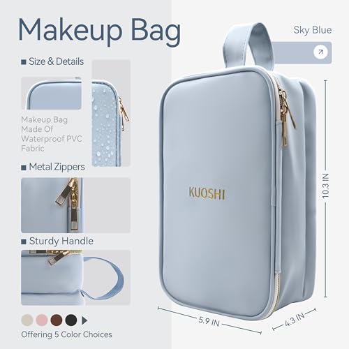Travel Makeup Bag for Women, Large Capacity Waterproof Cosmetic Organizer with Divider & Handle, Portable Open Flat Toiletry Pouch for Travel Accessories (Blue)