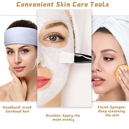 Skyley Esthetician Supplies 4 Pack Facial Headbands Esthetician Makeup Head Wrap 30 Pieces Compressed Facial Sponges, 4 Pieces Face Mask Fan Brushes(Yellow, White, Orange)