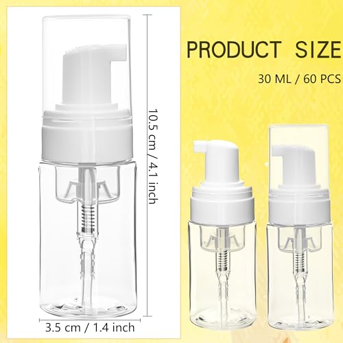 60 Pcs Mini Foam Pump Bottle Bulk 1 oz/ 30 ml Empty Travel Size Plastic Soap Foaming Bottles Small Clear Foaming Soap Dispenser Refillable Mousse Bottles for Lash Shampoo Portable Hand Sanitizer