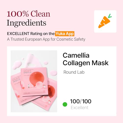 ROUND LAB Camellia Collagen Mask, 30min Hydrogel Mask, Quick Hydration, Firming&Pore Minimizing, For sensitive skin, Micro molecule collagen, Facial Mask, 34 g/1.19 Fl Oz 4ea