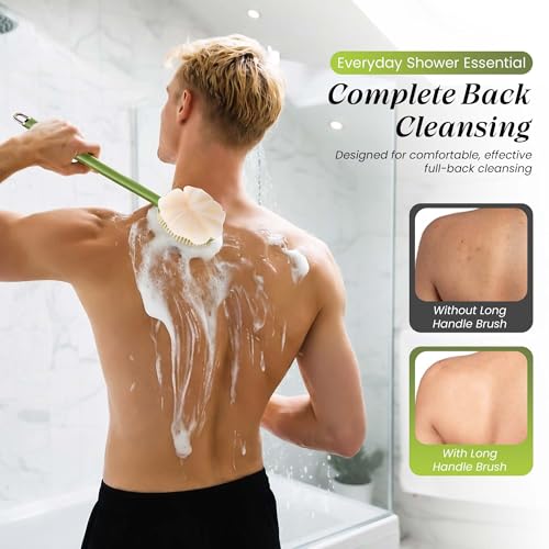 Back Scrubber for Shower with Long Handle (15.7¡±) ? Dual-Sided Bath Brush with Loofah Sponge, Replaceable Heads, Easy Reach for Back & Body, Includes 2 Wall Hooks