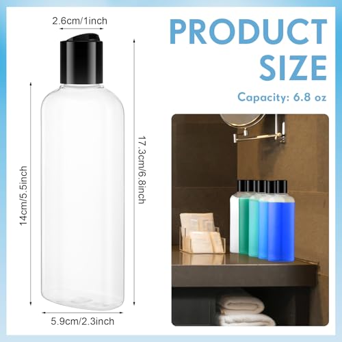 Domensi 50 Pcs Travel Bottles Bulk Empty Plastic Bottle 6.8oz Clear Refillable Squeeze Travel Containers Reusable Cosmetic Shampoo Containers with Disc Cap for Hand Sanitizers Lotions (Black Lid)